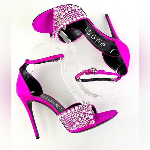 New GUCCI Crystal GG Embellished Hot Pink Fuchsia Satin Heel Sandal Ankle Strap - Picture 4 of 14